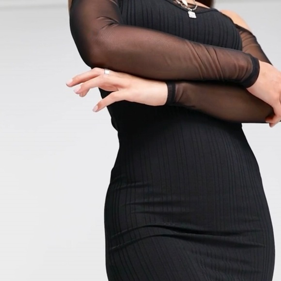 Topshop Tall mesh off the shoulder rib cut out dress in black 🖤 XL / 14 🖤 BNWT - Picture 6 of 14